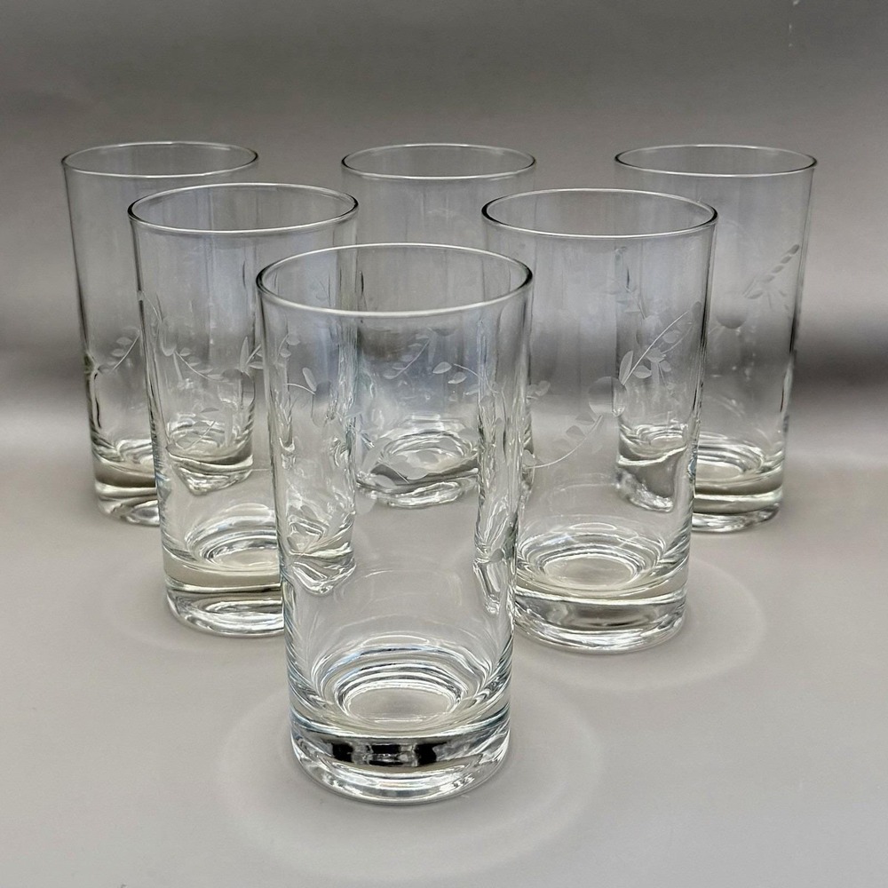 Vintage MCM Etched Floral Vine Highball Glasses - Set of 6